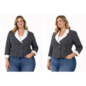 Le Suit Womens Plus Size 18 Blck Wht Polka Dot Blazer Jacket Shawl Collar Cotton